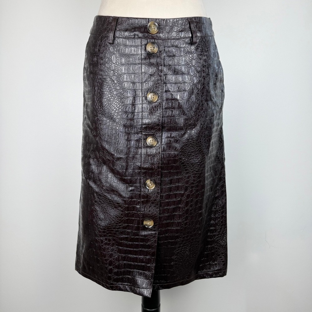 Rachel Comey Brown Croc Embossed Faux Leather Midi Skirt Buttons Zipper Size 4